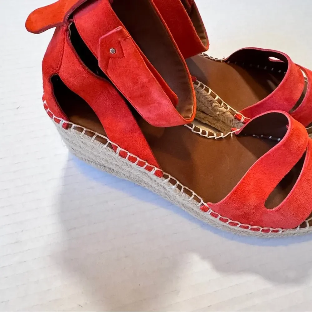 Franco Sarto Orange Leather Espadrille Wedge Sandals Womens 8.5 Platform Beachy